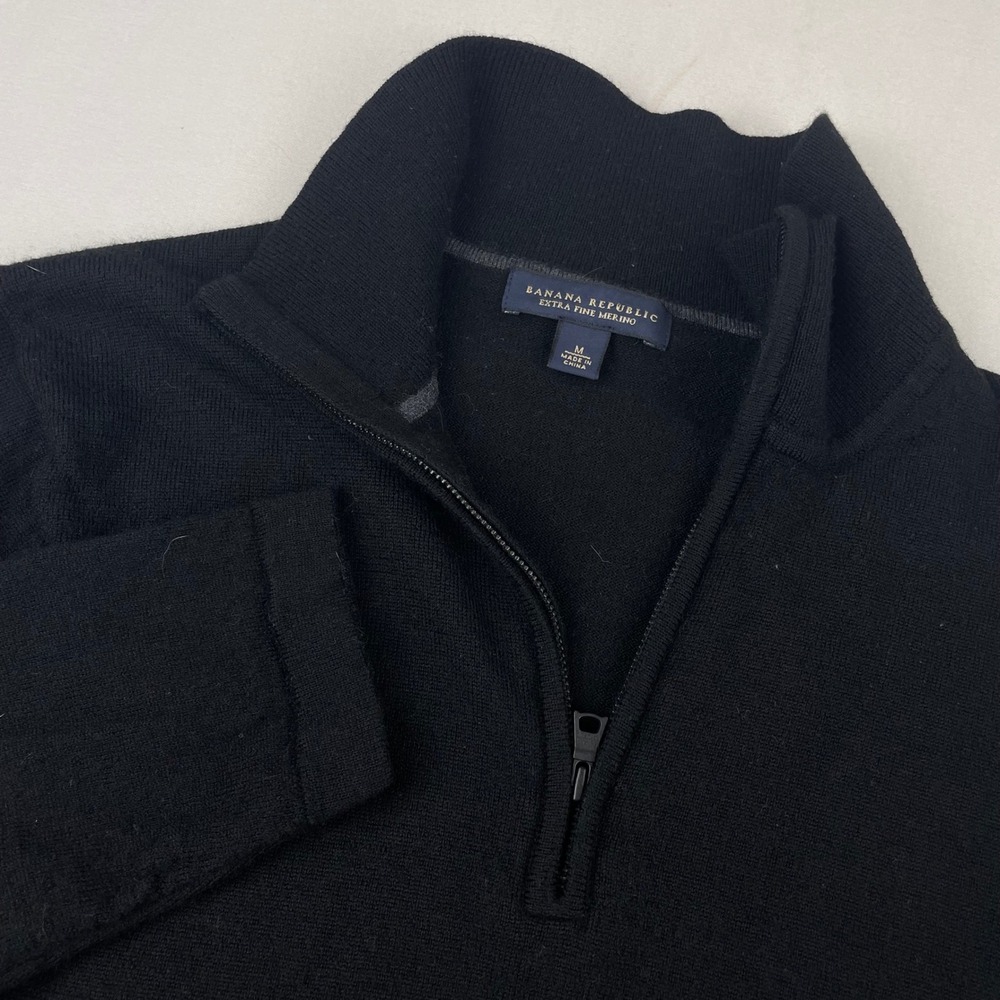 Banana Republic Extra Fine Merino Wool Quarter Zip Sweater Mens Medium Black